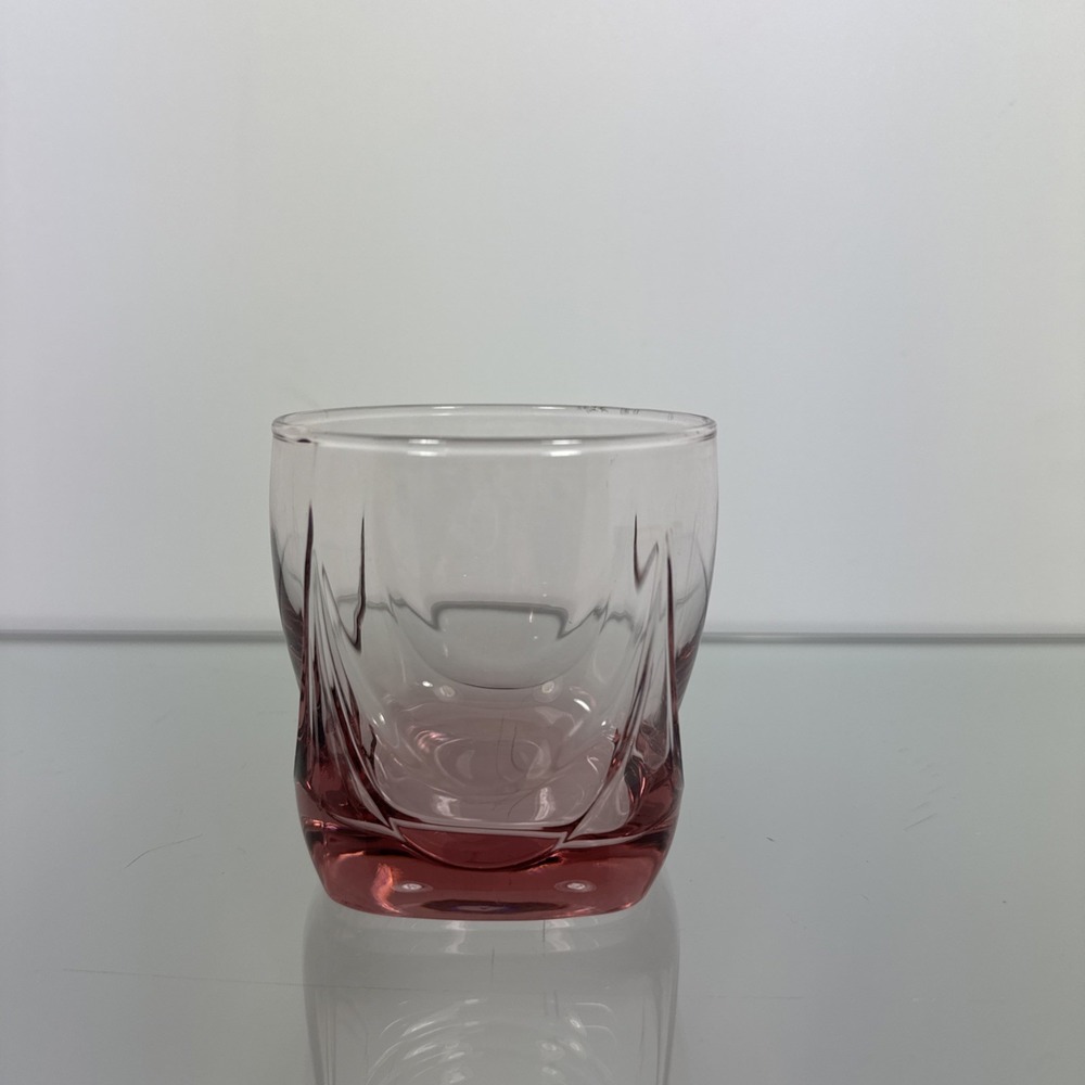 Pink Tinted Whiskey Rocks Glass Weighted Square Base Cut Glass Barware 3.5in